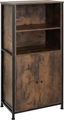 A tall, narrow cabinet with two shelves and two doors, set against a white background.