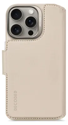 A close-up view of a beige leather wallet case for a smartphone, showing the camera cutout and the brand logo.