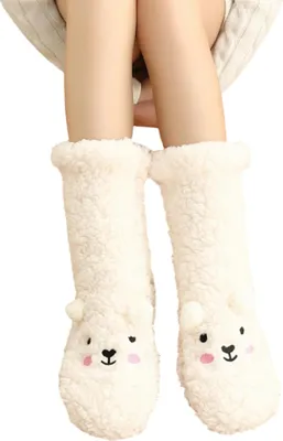 Produktbild von Flauschige Bären-Haussocken, dicke Plüschsocken mit niedlichen Tiermotiven und Bärenohren, flauschige, rutschfeste Wintersocken für Zuhause, Schlafzimmer und Wohnzimmer