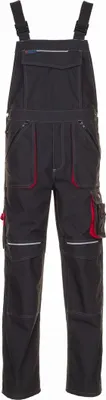 A pair of dark gray work overalls with red accents.