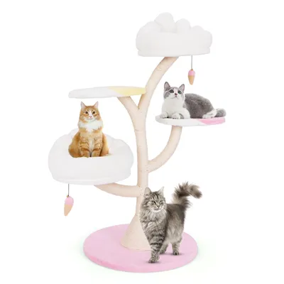 Produktbild von GOPLUS 123cm Katzenbaum, mehrschichtiger Katzenbaum mit Sisalstamm, 2 gepolsterten Sitzflächen, 2 Plattformen & baumelnden Bällen, rosa