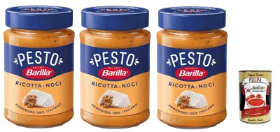 Produktbild von Barilla Pesto Ricotta e Noci 3×190 g – cremiges Tomaten-Pesto mit Ricotta & Walnüssen, ohne Konservierungsstoffe, ideal für Pasta & Bruschetta + Italian Gourmet polpa