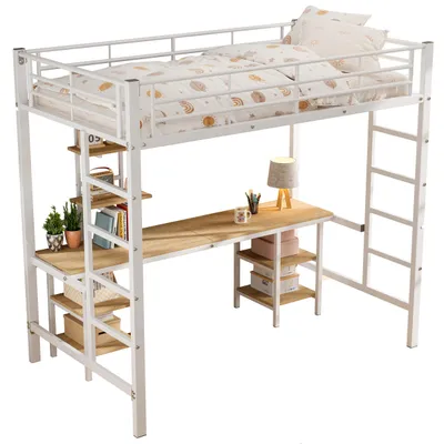 Produktbild von Etagenbett 90x200 cm Weiß mit Tisch, Regalen, Leiter und Fallschutzgitter, ohne Matratze