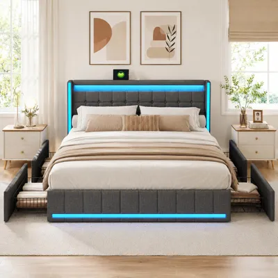 Produktbild von INONEFT Doppelbett Stauraumbett 160x200cm, Polsterbett mit 4 Schubladen, Jugendbett mit LED USB und Type-C, Bett mit Lattenrost, Dunkelgrau Leinen, KI-generiertes Bild