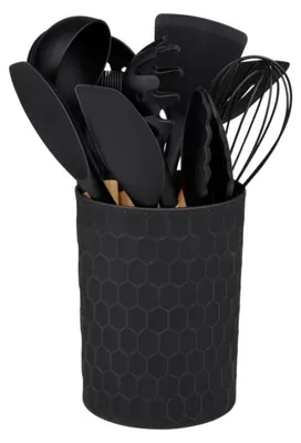 Obrázok produktu pre Kuchynské náčinie s bambusovou rukoväťou v stojane, 12 ks, 32 cm, čierne