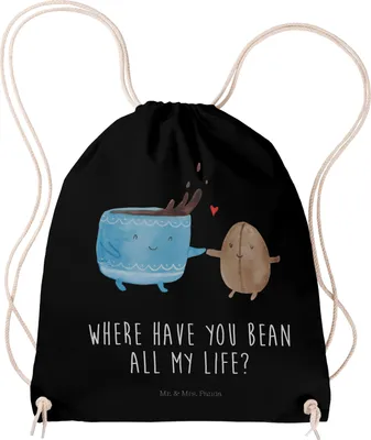 Produktbild von Mr. & Mrs. Panda gym tasche Kaffee Bohne - Schwarz - Geschenk, Lustige Sprüche, Kaffeebohne, Genuss, Kleiner Rucksack, Zufriedenheit, Glück, Jutebeutel, sporttasche klein