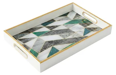 Immagine prodotto di IvoQ Vassoio Effetto Marmo – 45x30 cm – Oro & Bianco – Vassoio da Portata Rettangolare con Manici – Decorazione per Tavolino – Design Hotel Chic