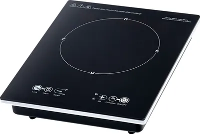 A black induction cooktop with white markings and controls, shown from a slightly elevated angle on a white background.
