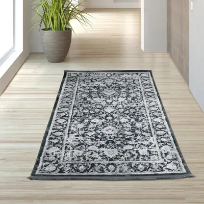Produktbild von Moderner Teppich in orientalisches Blumendesign in Grau auf Schwarz Größe - 80 x 150 cm