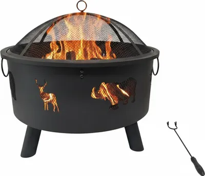 Produktbild von Relaxdays Feuerschale, Ø Schale 64 cm, Funkenschutz, Schürhaken, Stahl, Tier-Design, Feuerstelle Garten, schwarz