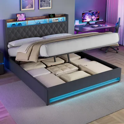Produktbild von STILVORA Jugendbett 180×200,Polsterbett mit USB Steckdose,Stauraumbett mit Kopfteil & Stauraum,Funktionbett Grau (ohne Matratze)