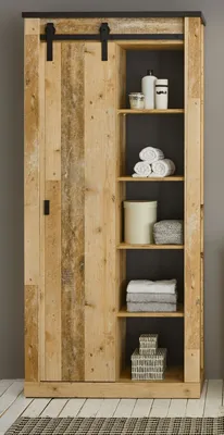 Produktbild von Badezimmer Hochschrank "Stove" in Used Wood hell und anthrazit Badmöbel Regalschrank 93 x 201 cm