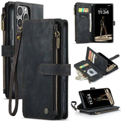 Collage of images showing a black leather wallet-style phone case for an iPhone.