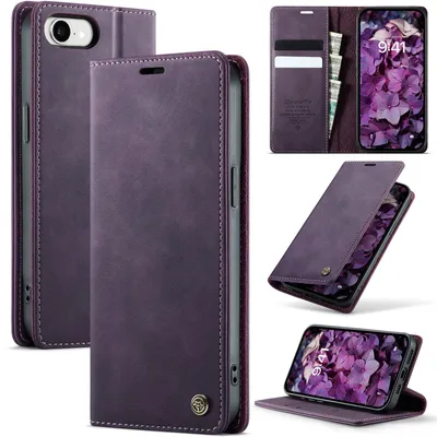 Image de Étui en cuir pour iPhone 16e/iPhone 17e, protection RFID, fermeture magnétique, compartiments pour cartes et fonction support Violet
