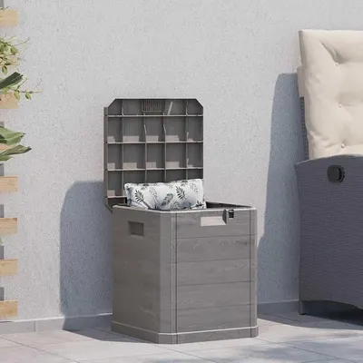 Imagen del producto de Caja de almacenamiento para jardín, impermeable, de 90 litros, color marrón. Caja de plástico con aspecto de madera, con cerradura, para uso en exteriores, ideal para jardín, terraza o balcón. Dimensiones: 42,5 x 44 x 50 cm