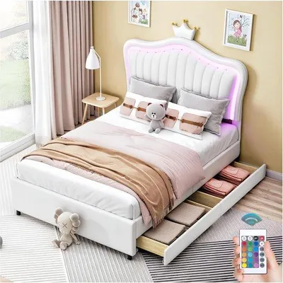 Zdjęcie produktu dla Łóżko dziecięce z dwoma szufladami i oświetleniem LED - 90 x 200 cm, białe