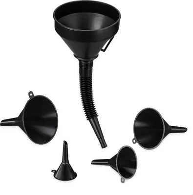 Produktbild von Trichterset aus robustem Kunststoff mit Schlauch und integriertem Feinfilter für Öl, Kühlmittel, Scheibenwaschflüssigkeit