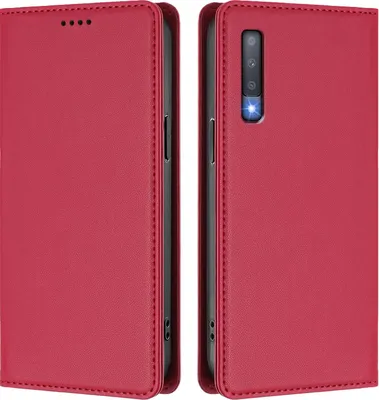 Image de Étui en cuir pour Samsung Galaxy A7 2018, étui à rabat magnétique en cuirPolyuréthaneavec support, rouge