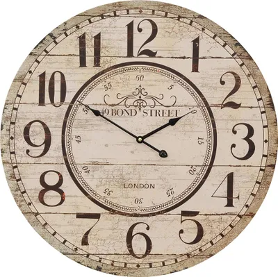 A vintage-style wall clock with Roman numerals and a distressed wood-like background.