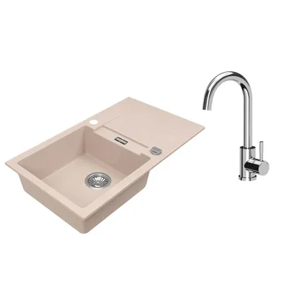 Immagine prodotto di VBChome Lavello in granito 76 x 44 cm Beige con rubinetto Lavello da incasso a vasca singola Reversibile Speckled Lavello di facile manutenzione con sifone