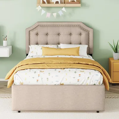 Imagen del producto de Cama tapizada Zerbaco, tamaño matrimonial, 90x200 cm, con cajones. Cama individual en color beige oscuro, con somier