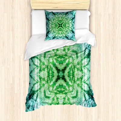 Produktbild von ABAKUHAUS Psychedelisch Mantele, Tie Dye Effect Bohemian, Milbensicher Allergiker geeignet mit Kissenbezügen, 135 cm x 200 cm - 80 x 80 cm, Grüne und Teal