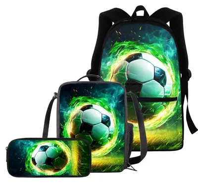 Immagine prodotto di Set di articoli scolastici da 3 pezzi per ragazzi e ragazze, completo di lunchbox e astuccio, motivo: palla da calcio, colore: verde