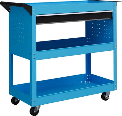 Produktbild von DURHAND Werkzeugwagen mit Griff und Seitenwand, Schublade und 3 Ablagen, Werkstattwagen mit 4 Rädern (2 mit Bremse) aus Stahlblech für die Garage, 82x35x76 cm, Blau