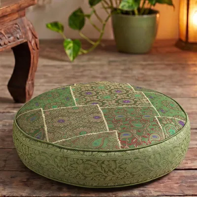 Produktbild von Orientalisches Rundes Patchwork Kissen 40 cm, Sitzkissen, Bodenkissen mit Baumwollfüllung - Grün, Viskose, Zierkissen, Dekokissen, Sofakissen