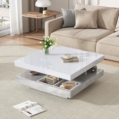 Produktbild von MODFU Couchtisch Wohnzimmertisch Hochglanz für Wohnzimmer, Schlafzimmer, Beistelltisch quadratischer Tischplatte 360° drehbar, oppelschwenkplatte mit Ablagefach,Weiß+Marmorfarbene
