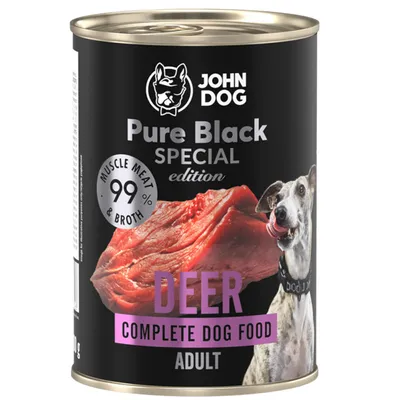 Produktbild von John Dog Hundefutter Hirsch - Premium Getreidefreies Hundenassfutter mit 99% Fleisch - Monoprotein Nassfutter - Pure Black Special Edition 400g