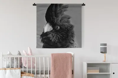 Produktbild von MuchoWow® Wandteppich Wandbehang Nahaufnahme eines Kakadus vor gelbem Hintergrund - schwarz und weiß 90x90 cm Tapisserie Dekoration Wandtuch - Wandaufhänger