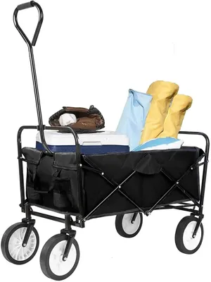 Obrázek produktu pro Skládací vozík - vozík do zahrady a na pláž - nosnost 80 kg - objem 262 litrů - 4 kola - rozměry po složení: 76 x 51 x 20 cm - černá barva
