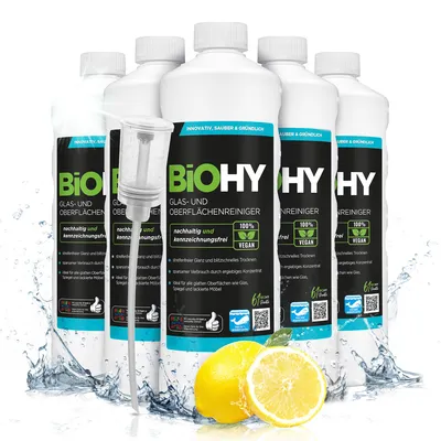 Produktbild von BiOHY Glas- und Oberflächenreiniger (6x1l Flasche) + Dosierer | Alkoholreiniger Konzentrat | Universalreiniger | Intensiv & Nachhaltig reinigender Automatenreiniger | Profi -Reiniger