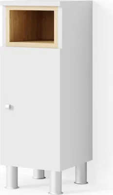 A white cabinet with a wooden interior compartment, standing on four silver legs.