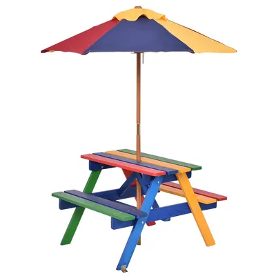 Produktbild von COSTWAY Sitzgruppe Holz Kinder Sitzgarnitur Kindermöbel mit Sonnenschirm Kindertisch Picknickbank 4 Sitze verfügbar