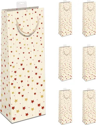 Produktbild von GREENLINE Geschenktaschen für Flaschen 6 Stück Weihnachten Flaschentüten edle Zuckerrohrpapier Geschenktüten 100% Baumfrei für Wein Sekt Champagner Beutel mit Baumwollkordel & Namenskarte (Sterne)