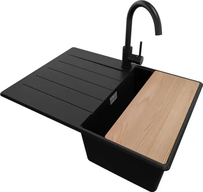 Produktbild von PRIMAGRAN Granitspüle Schwarz 70x50cm, Spülbecken 1 Becken + Küchenarmatur 32x20cm + Ablauf-Set + Schneidebrett, Küchenspüle ab 40er Unterschrank - Kopenhagen