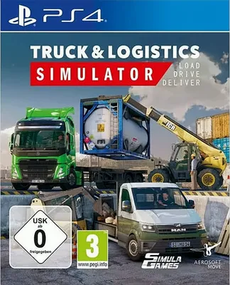 The image shows the PlayStation 4 game box for Truck & Logistics Simulator, featuring various trucks and a forklift in a logistics yard.