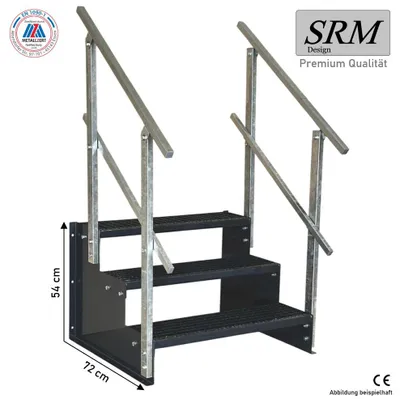 Produktbild von 3 Stufen Standtreppe Modell 2 komplett anthrazit Treppe Stahltreppe Tritthöhe 18 cm Breite 70 cm Höhe 54 cm 2x Geländer