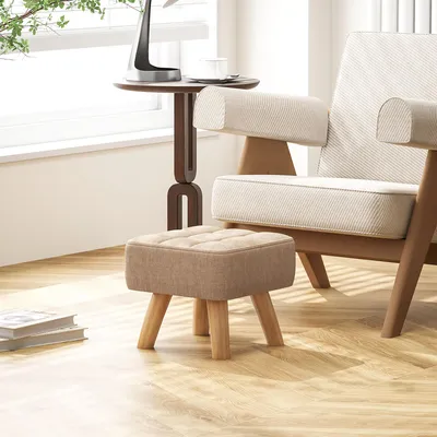 Produktbild von Sweiko Fußhocker mit Polsterung, Leinenoptik, Holzbeine, bis 110 kg belastbar, Braun