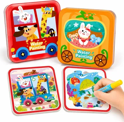Zdjęcie produktu dla Książeczka do malowania wodą dla dzieci od 1 roku życia, zestaw 2 książeczek wielokrotnego użytku do malowania wodą, "Magiczna książeczka do malowania", malowanie wodą