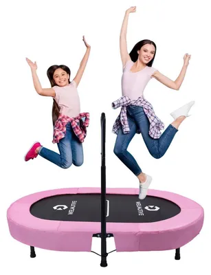Produktbild von Ovales Indoor Trampolin für 2 Personen, geräuscharm, belastbar bis 150kg, höhenverstellbarer Handlauf, Pink