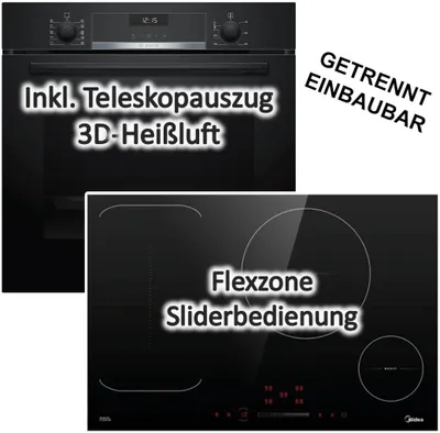 Produktbild von Herdset Bosch Backofen AutoPilot Teleskopauszug Air Fry+ Midea Flex-Induktionskochfeld Booster 77cm