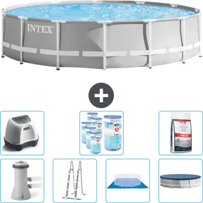 Produktbild von Intex Round Prism Frame Swimming Pool – 427 x 107 cm – Grau – inklusive Pumpe – Leiter – Bodenplane – Abdeckung Salzwassersystem - Filter - Poolsalz