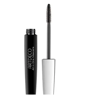 A black mascara tube with its wand detached and placed next to it, both against a white background.