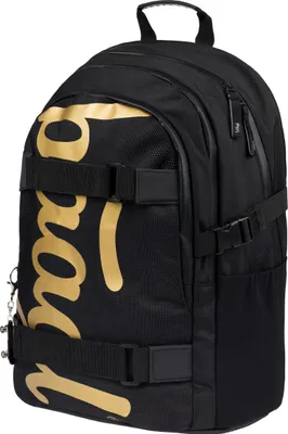A black backpack with gold lettering, shown from a diagonal angle.