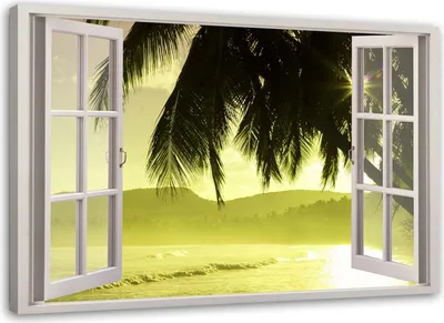 Produktbild von Leinwandbild fenster - blick auf palmen 100x70 cm Feeby grün wandbild bereit zum aufhängen