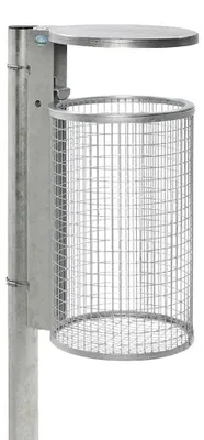 Produktbild von Abfallsammler zur Wand- oder Rohrbefestigung | mit Schutzdach | 50 Liter, HxBxT 74x43x43cm | Verzinkter Stahl | Feuerverzinkt
