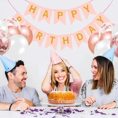 Produktbild von Mynoozi Happy Birthday Banner Roségold Weiß Geburtstagsdekorationsset mit 12 Ballons und 2 Bändern Geburtstagsballondekorationen für Männer Jungen Frauen Mädchen